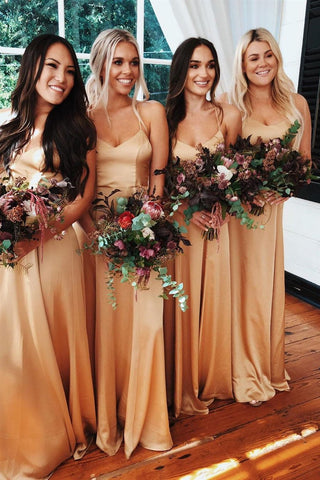 Elegant Spaghetti Strap Gold Chiffon Bridesmaid Dress VMB36