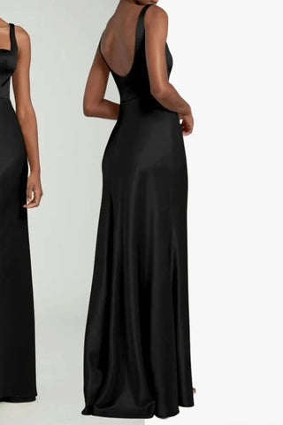 Elegant Square Neck Long Black Bridesmaid Dress BD128