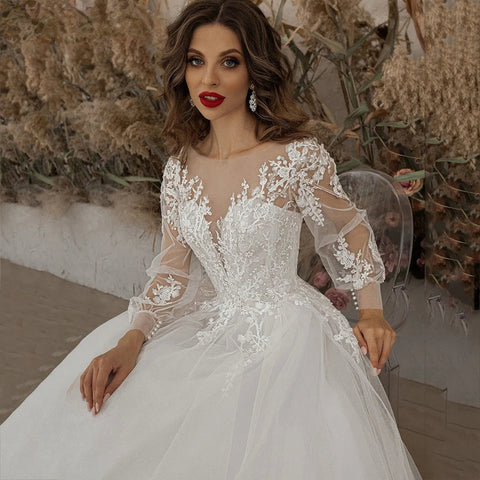 Exquisite Ivory Wedding Dresses Long Sleeve Appliques Lace 3D Flowers Modern Tulle Boho Bride Gown vestidos de novia Beach