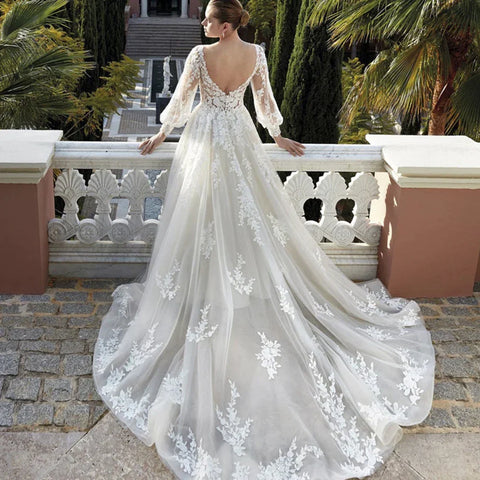 Exquisite Wedding Dresses For Women V Neck Lace Applique A Line Bridal Gowns With Long Puff Sleeves Vestido De Noiva