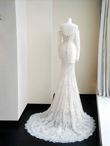 Vestido de noche de sirena con apliques de encaje blanco romántico, tul y lentejuelas, estilo años 8663