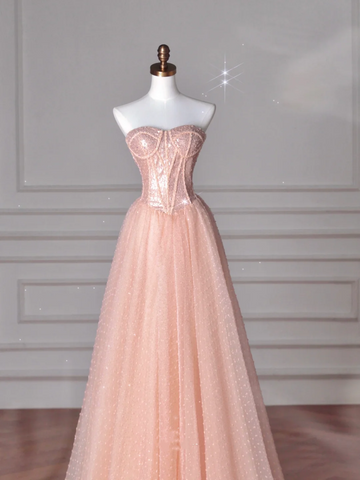 Robe de bal longue rose pêche sans bretelles, sequins et tulle, coupe trapèze, référence Y8645