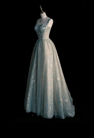 Robe de bal longue en tulle et dentelle vert sauge, coupe trapèze, Y7544