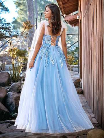 Lace Bow 3D Embroidery Floral Prom Gown