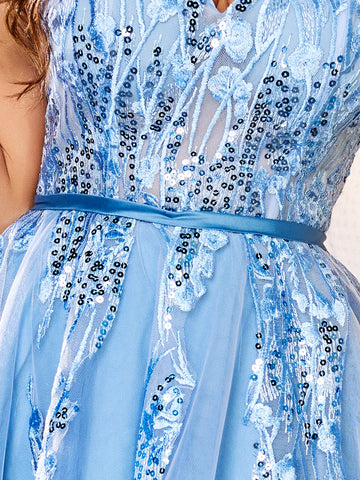 Lace Bow 3D Embroidery Floral Prom Gown