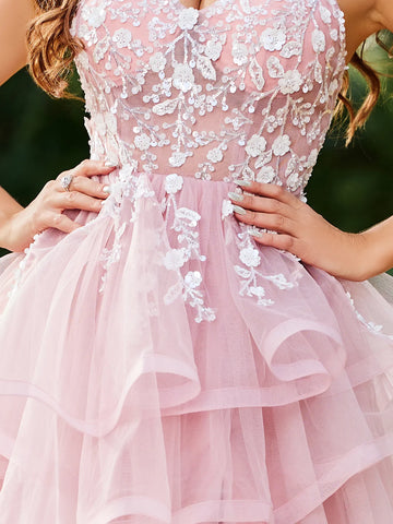 3D Embroidery Asymmetrical Tiered Ball Gown Prom Dress