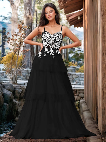 3D Floral Embroidery Illusion Bandage Ruffle Prom Dress