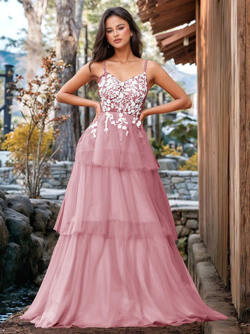 3D Floral Embroidery Illusion Bandage Ruffle Prom Dress