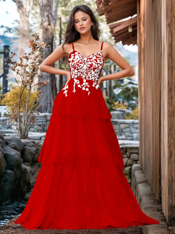 3D Floral Embroidery Illusion Bandage Ruffle Prom Dress