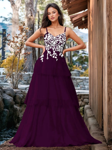 3D Floral Embroidery Illusion Bandage Ruffle Prom Dress