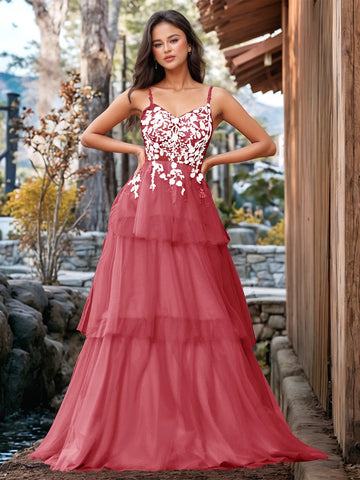 3D Floral Embroidery Illusion Bandage Ruffle Prom Dress