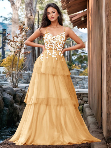 3D Floral Embroidery Illusion Bandage Ruffle Prom Dress