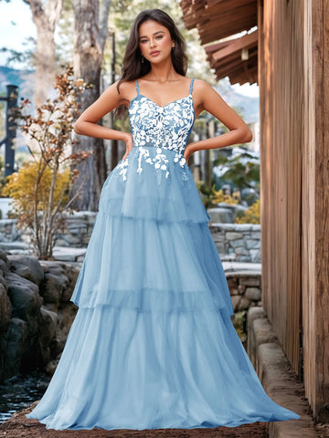 3D Floral Embroidery Illusion Bandage Ruffle Prom Dress