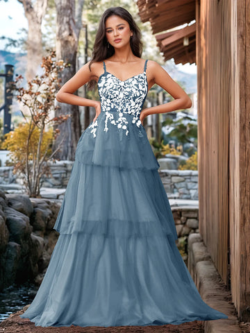 3D Floral Embroidery Illusion Bandage Ruffle Prom Dress