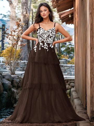 3D Floral Embroidery Illusion Bandage Ruffle Prom Dress