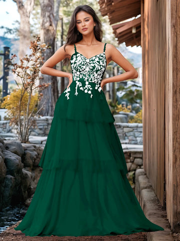 3D Floral Embroidery Illusion Bandage Ruffle Prom Dress