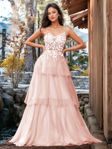 3D Floral Embroidery Illusion Bandage Ruffle Prom Dress