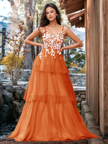 3D Floral Embroidery Illusion Bandage Ruffle Prom Dress