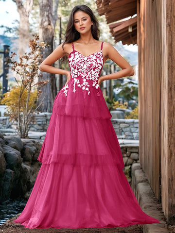 3D Floral Embroidery Illusion Bandage Ruffle Prom Dress