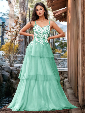 3D Floral Embroidery Illusion Bandage Ruffle Prom Dress