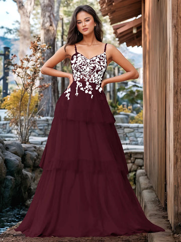 3D Floral Embroidery Illusion Bandage Ruffle Prom Dress