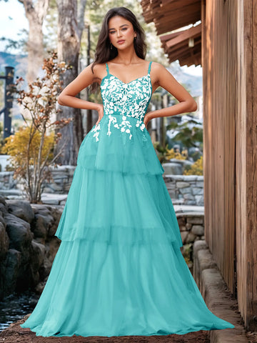 3D Floral Embroidery Illusion Bandage Ruffle Prom Dress