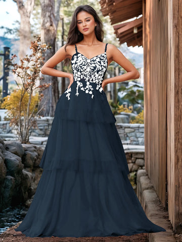 3D Floral Embroidery Illusion Bandage Ruffle Prom Dress