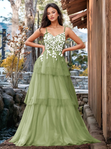 3D Floral Embroidery Illusion Bandage Ruffle Prom Dress