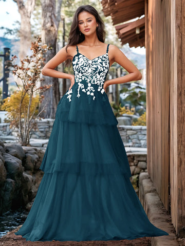 3D Floral Embroidery Illusion Bandage Ruffle Prom Dress