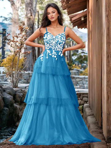 3D Floral Embroidery Illusion Bandage Ruffle Prom Dress