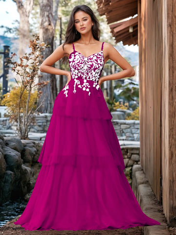 3D Floral Embroidery Illusion Bandage Ruffle Prom Dress