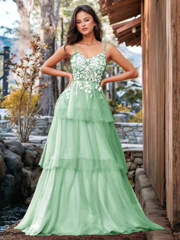3D Floral Embroidery Illusion Bandage Ruffle Prom Dress