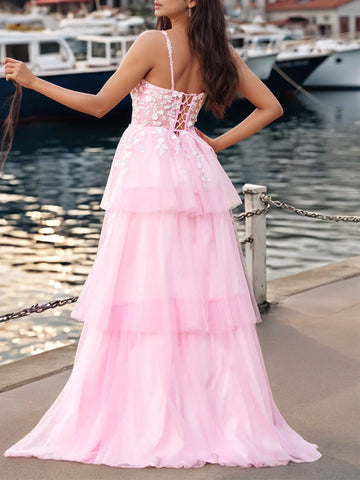 Flower Appliqued Corset Sparkly Lace Ruffle Tiered Prom Dress