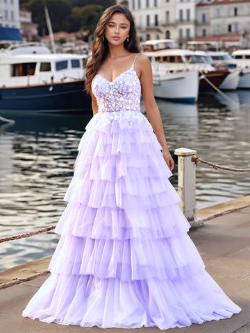Lace Embroidery Spaghetti Strap Tulle Ruffle Ball Gown Prom Dress