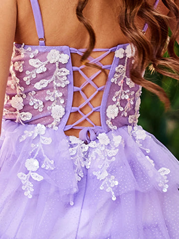 Lace Embroidery Spaghetti Strap Tulle Ruffle Ball Gown Prom Dress