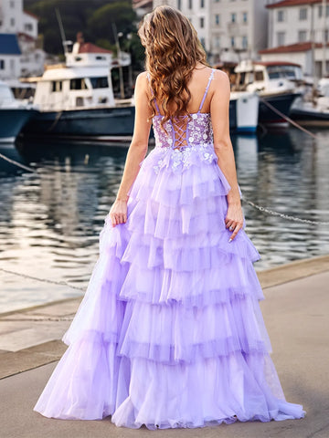 Lace Embroidery Spaghetti Strap Tulle Ruffle Ball Gown Prom Dress