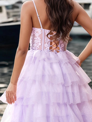 Flower Appliqued Corset Sparkly Lace Ruffle Tiered Prom Dress