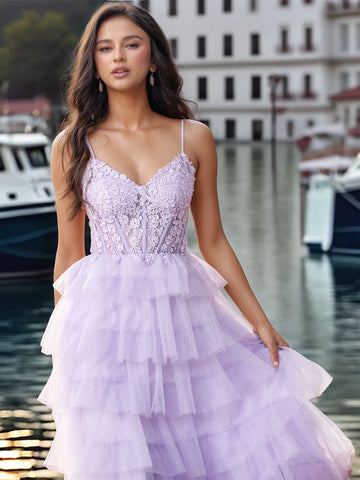 Flower Appliqued Corset Sparkly Lace Ruffle Tiered Prom Dress