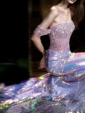 Vestido de noche formal de sirena morado con lentejuelas, hombros descubiertos y brillo, modelo Y8182