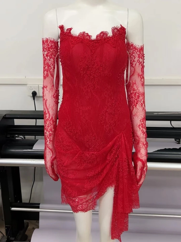 Vestido corto de encaje rojo para baile de bienvenida, vestido rojo de fiesta Y7387
