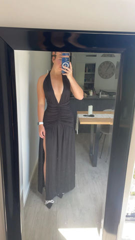 Vestido de fiesta marrón sexy con escote halter, espalda descubierta, corte en A y abertura lateral, modelo Y8481