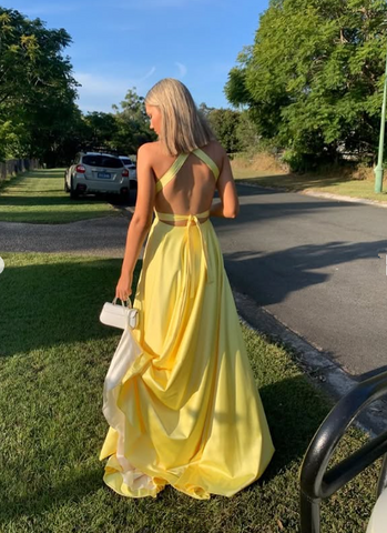 Vestido largo de noche de satén amarillo modesto con abertura lateral, vestido de fiesta formal Y5217