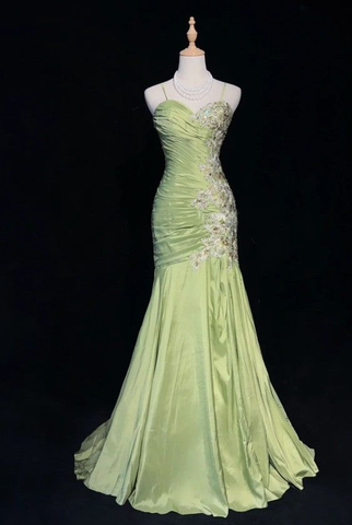 Vestido de noche largo de sirena verde vintage de satén con lentejuelas y cuentas, tirantes finos, modelo Y8556