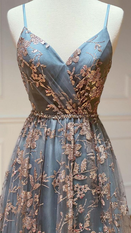Robe de bal longue en tulle à sequins, col en V, coupe trapèze, dos nu, Y5620