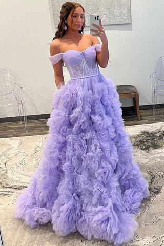 A Line Off the Shoulder Ruffled Tulle Prom Dress with Slit