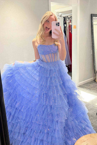 A Line Strapless Corset Glitter Tulle Prom Dress with Ruffles