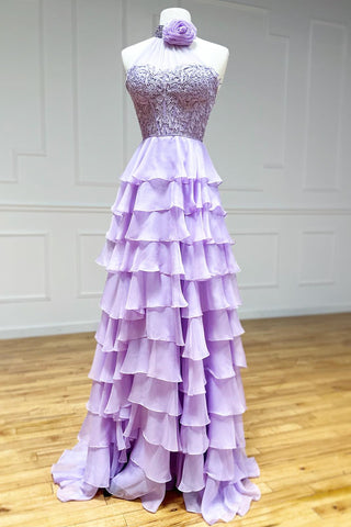 A line High Neck Tiered Chiffon Prom Dress with 3D Flower