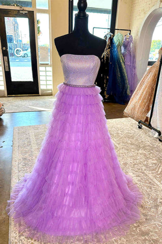 Robe de bal longue lilas bustier trapèze à plusieurs couches et strass