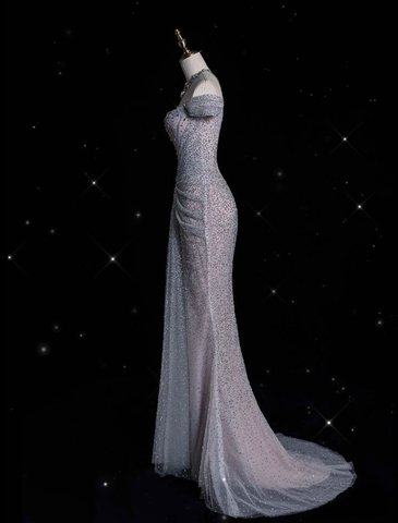 Robe de soirée longue sirène en tulle lilas pailleté et perles, épaules dénudées, Y8054