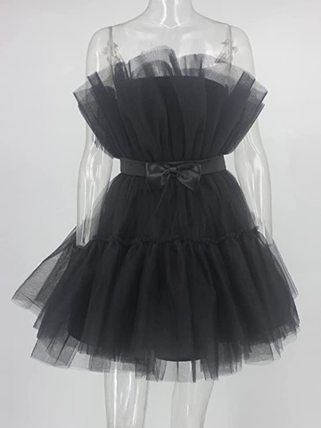 Vestido corto de princesa de tul con volantes y malla para mujer, ideal para fiestas, graduaciones, bodas y eventos especiales. Vestido tutú de hada, color negro, modelo Y512.